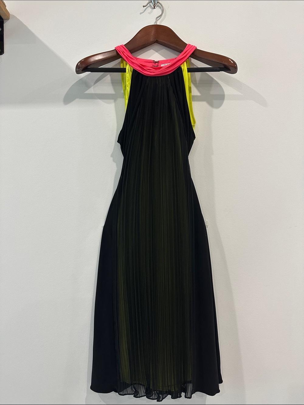 T Tahari Black Midi Dress with Neon Pink & Neon Yellow Accents